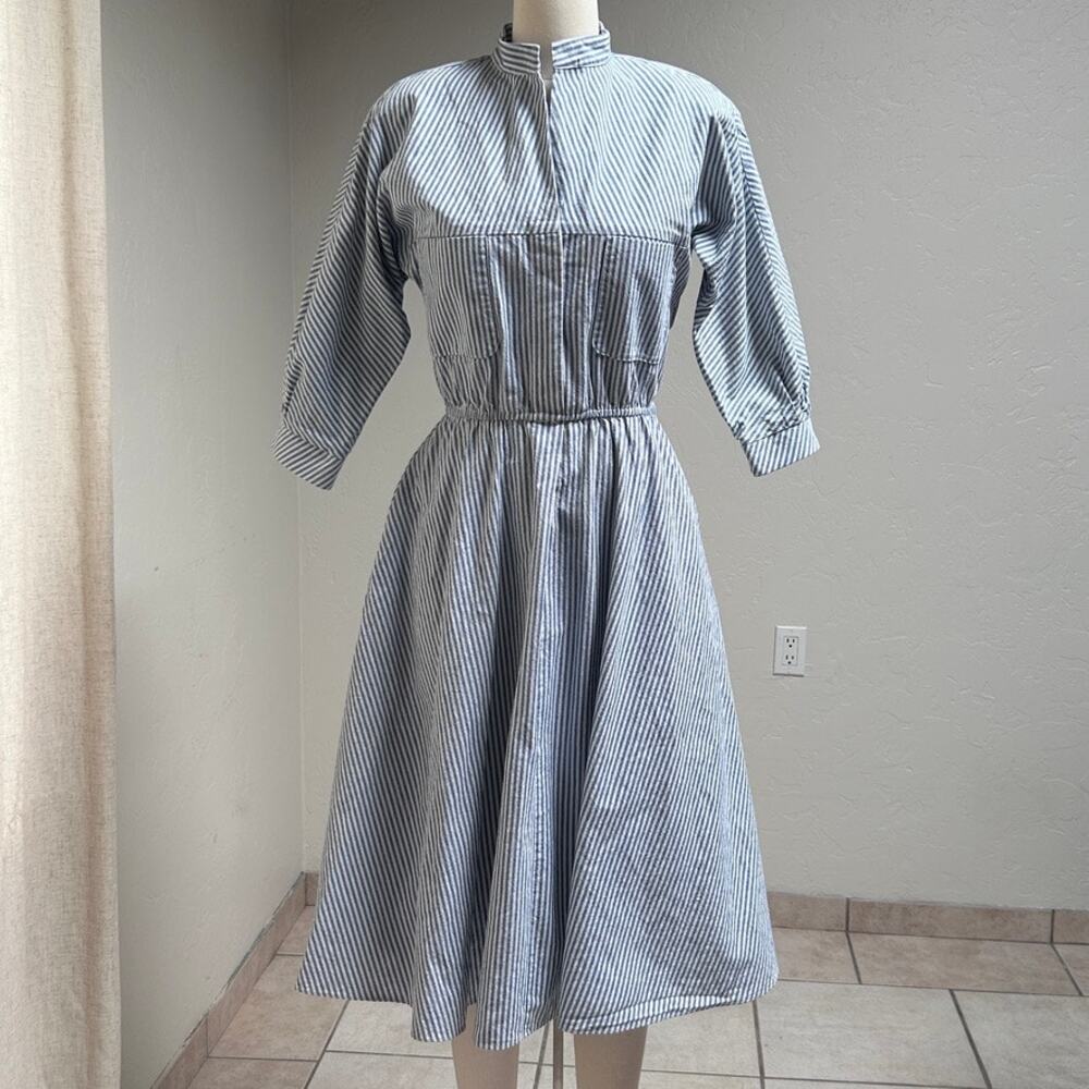 Vintage‎ Stripe Midi Dress Cotton Pockets Coastal French Girl Fit Flare Retro 6